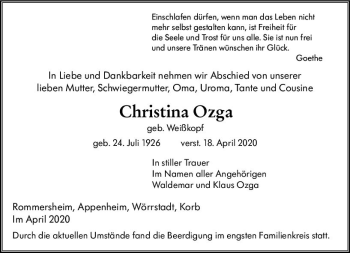 Traueranzeige von Christina Ozga von vrm-trauer