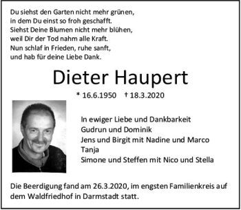 Traueranzeige von Dieter Haupert von vrm-trauer