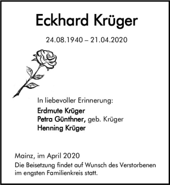 Traueranzeige von Eckhard Krüger von vrm-trauer
