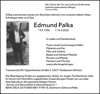 Traueranzeige von Edmund Palka von vrm-trauer