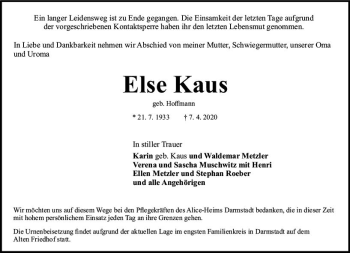 Traueranzeige von Else Kaus von vrm-trauer