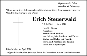 Traueranzeige von Erich Steuerwald von vrm-trauer
