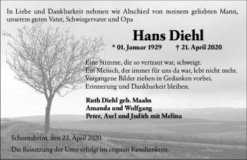 Traueranzeige von Hans Diehl von vrm-trauer