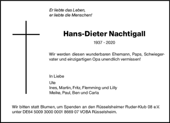 Traueranzeige von Hans-Dieter Nachtigall von vrm-trauer