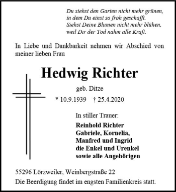 Traueranzeige von Hedwig Richter von vrm-trauer