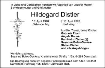 Traueranzeige von Hildegard Distler von vrm-trauer