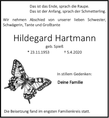 Traueranzeige von Hildegard Hartmann von vrm-trauer
