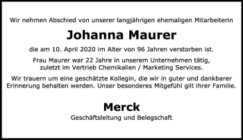 Traueranzeige von Johanna Maurer von vrm-trauer