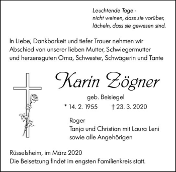 Traueranzeige von Karin Zögner von vrm-trauer