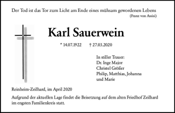 Traueranzeige von Karl Sauerwein von vrm-trauer