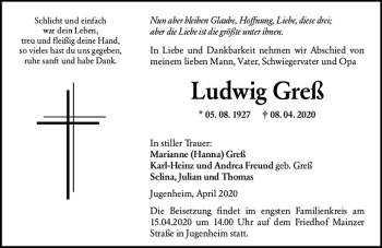 Traueranzeige von Ludwig Greß von vrm-trauer