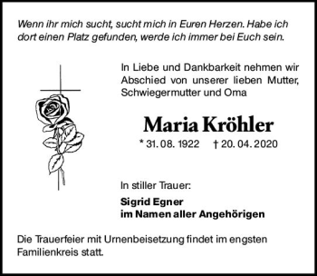 Traueranzeige von Maria Kröhler von vrm-trauer