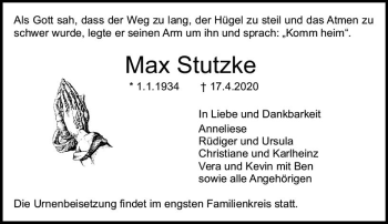 Traueranzeige von Max Stutzke von vrm-trauer