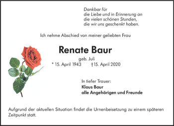 Traueranzeige von Renate Baur von vrm-trauer