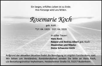Traueranzeige von Rosemarie Koch von vrm-trauer