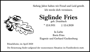 Traueranzeige von Siglinde Fries von vrm-trauer
