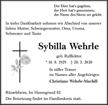 Traueranzeige von Sybilla Wehrle von vrm-trauer