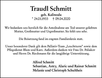 Traueranzeige von Traudl Schmitt von vrm-trauer