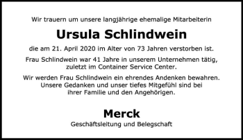 Traueranzeige von Ursula Schlindwein von vrm-trauer