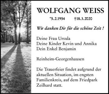 Traueranzeige von Wolfgang Weiss von vrm-trauer