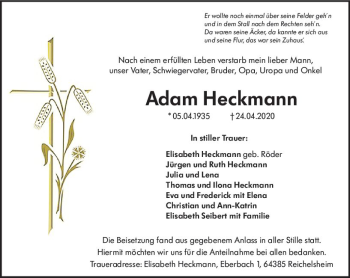 Traueranzeige von Adam Heckmann von vrm-trauer