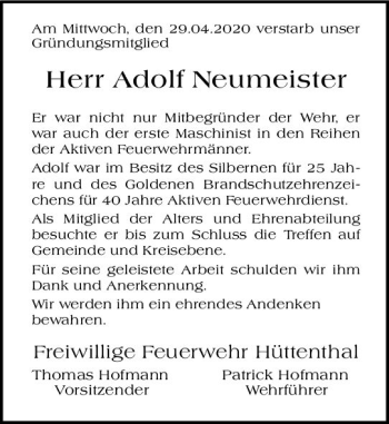 Traueranzeige von Adolf Neumeister von vrm-trauer