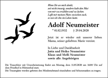 Traueranzeige von Adolf Neumeister von vrm-trauer