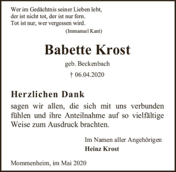 Traueranzeige von Babette Krost von vrm-trauer