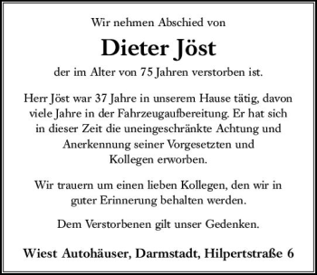 Traueranzeige von Dieter Jöst von vrm-trauer