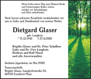 Traueranzeige von Dietgard Glaser von vrm-trauer