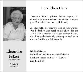 Traueranzeige von Eleonore Fetzer von vrm-trauer
