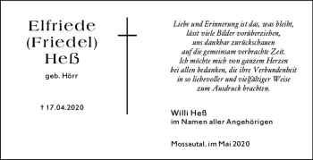 Traueranzeige von Elfriede Heß von vrm-trauer