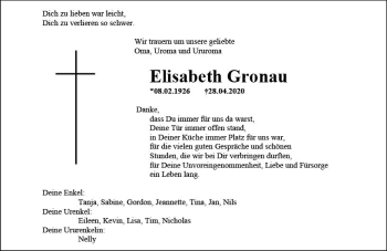Traueranzeige von Elisabeth Gronau von vrm-trauer
