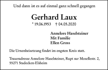 Traueranzeige von Gerhard Laux von vrm-trauer