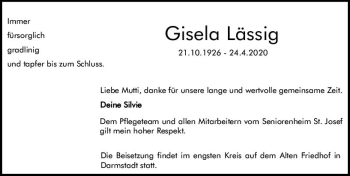 Traueranzeige von Gisela Lässig von vrm-trauer
