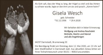 Traueranzeige von Gisela Wesch von vrm-trauer
