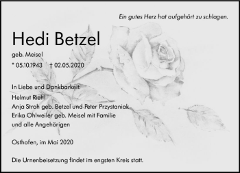 Traueranzeige von Hedi Betzel von vrm-trauer