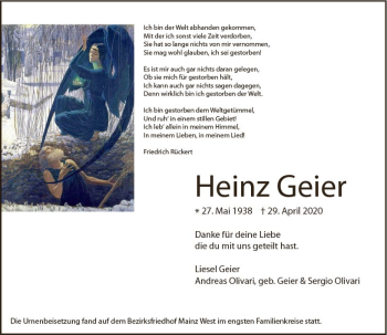 Traueranzeige von Heinz Geier von vrm-trauer