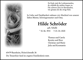 Traueranzeige von Hilde Schröder von vrm-trauer