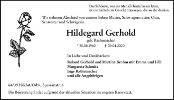 Traueranzeige von Hildegard Gerhold von vrm-trauer