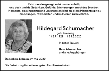 Traueranzeige von Hildegard Schumacher von vrm-trauer