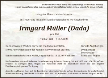 Traueranzeige von Irmgard Müller von vrm-trauer