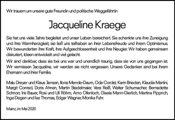 Traueranzeige von Jacqueline Kraege von vrm-trauer