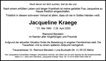 Traueranzeige von Jacqueline Kraege von vrm-trauer