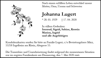 Traueranzeige von Johanna Lugert von vrm-trauer