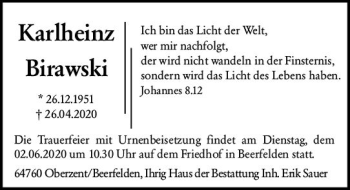Traueranzeige von Karlheinz Birawski von vrm-trauer