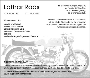 Traueranzeige von Lothar Roos von vrm-trauer