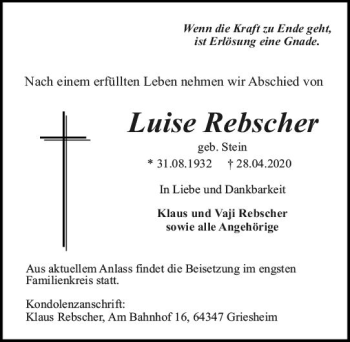 Traueranzeige von Luise Rebscher von vrm-trauer