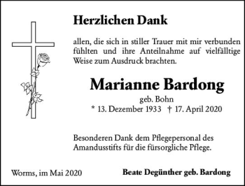 Traueranzeige von Marianne Bardong von vrm-trauer