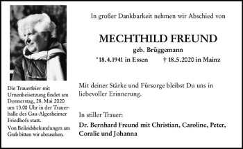 Traueranzeige von Mechthild Freund von vrm-trauer